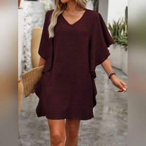 Elegant Full Size V-Neck Ruffled Flutter Sleeve Burgundy Mini Dress